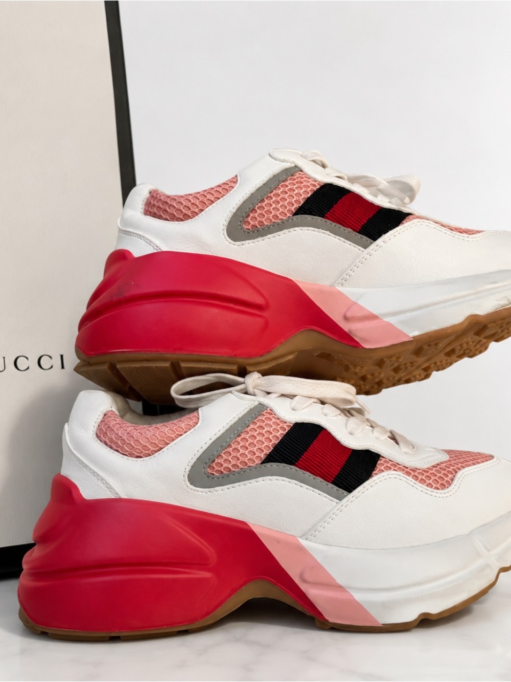 Gucci Rhyton White Pink Red Web Chunky Sneakers Authentic + Box
